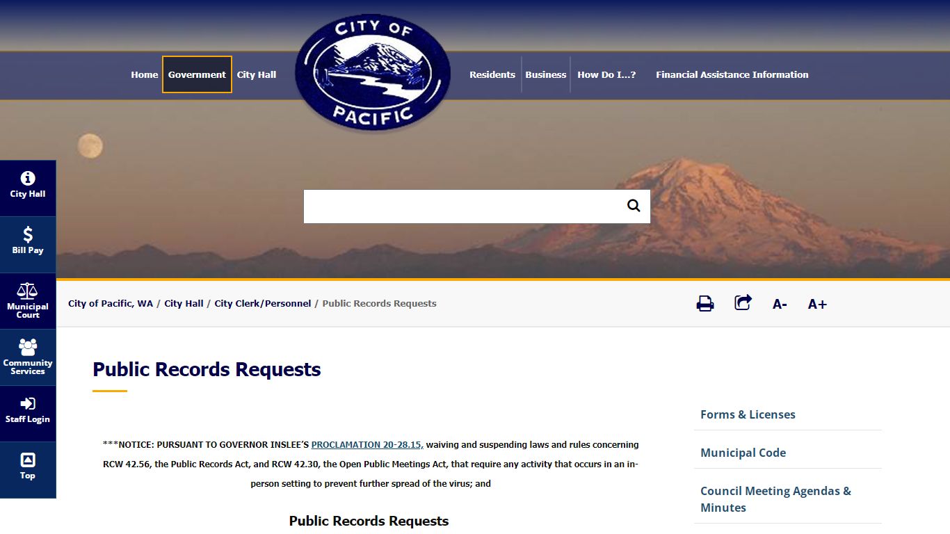 Public Records Requests - City of Pacific, WA